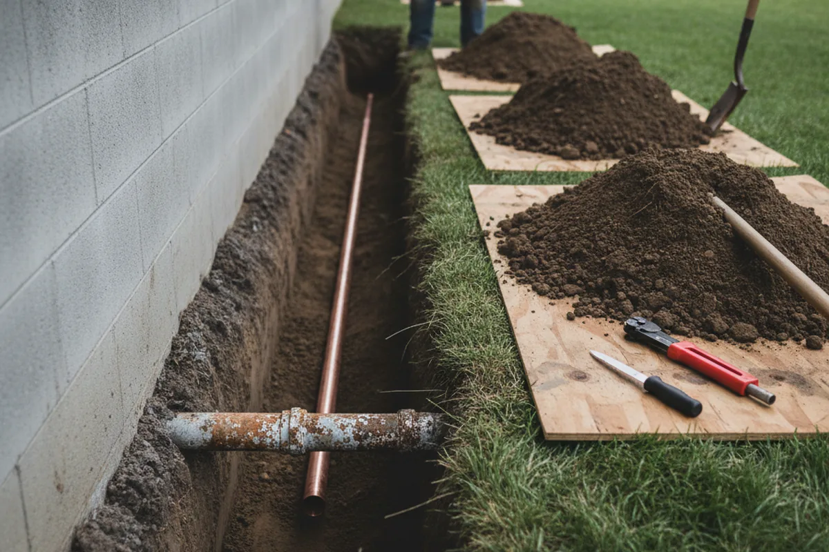 Excavated water line trench during Sewer Line Repair in Warren